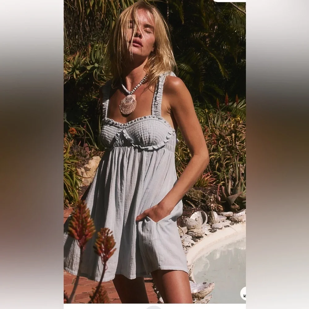 Free People Babydoll Linen Blend Mini Dress Size L Summer Beach
